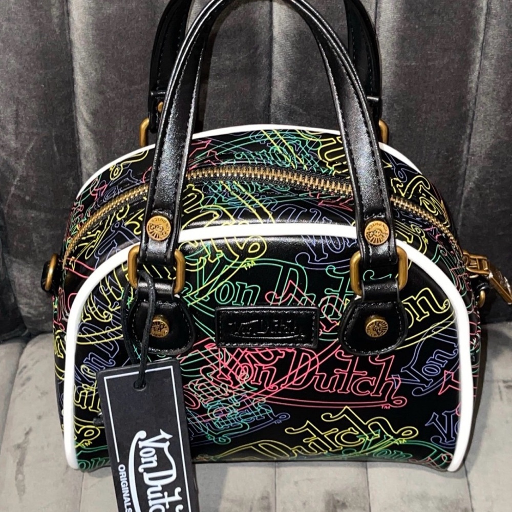 NEW VON DUTCH NEON MULTI-LOGO BOWLING BAG with Crossbody Strap Y2K